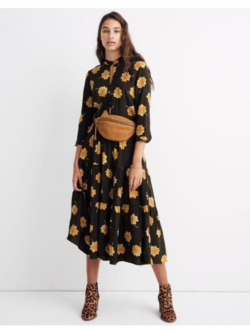 Madewell Women's Button-Front Tier Dress in Fall Flowers Size Small Midi Length